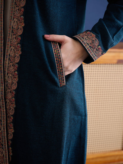 clapton Harbor-Blue Plain Pure Wool Long Jacket from Kashmir with Paisley Aari Embroidery on Border