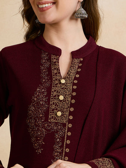 Clapton Embroidered Straight Kurta Pant With Dupatta Set Maroon