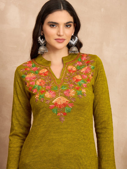 Women Multicolor Embroidered woolen Blend  Kurta Gold Winter Wear