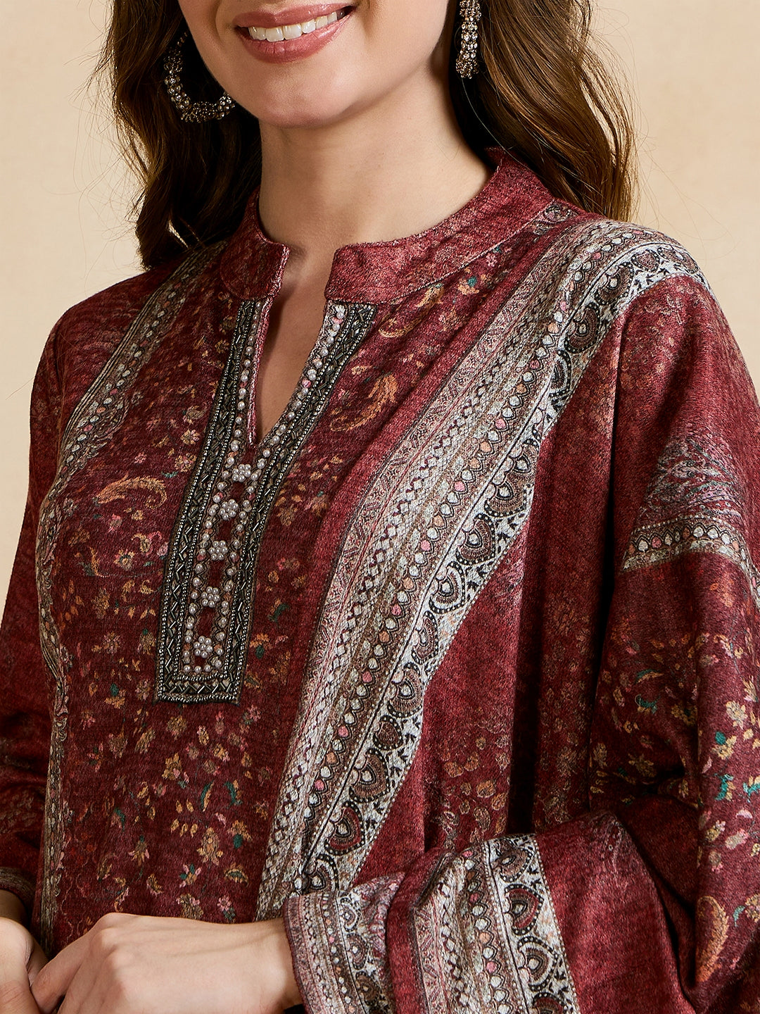 Clapton Printed Work Straight Kurta Pant With Dupatta Set Maroon