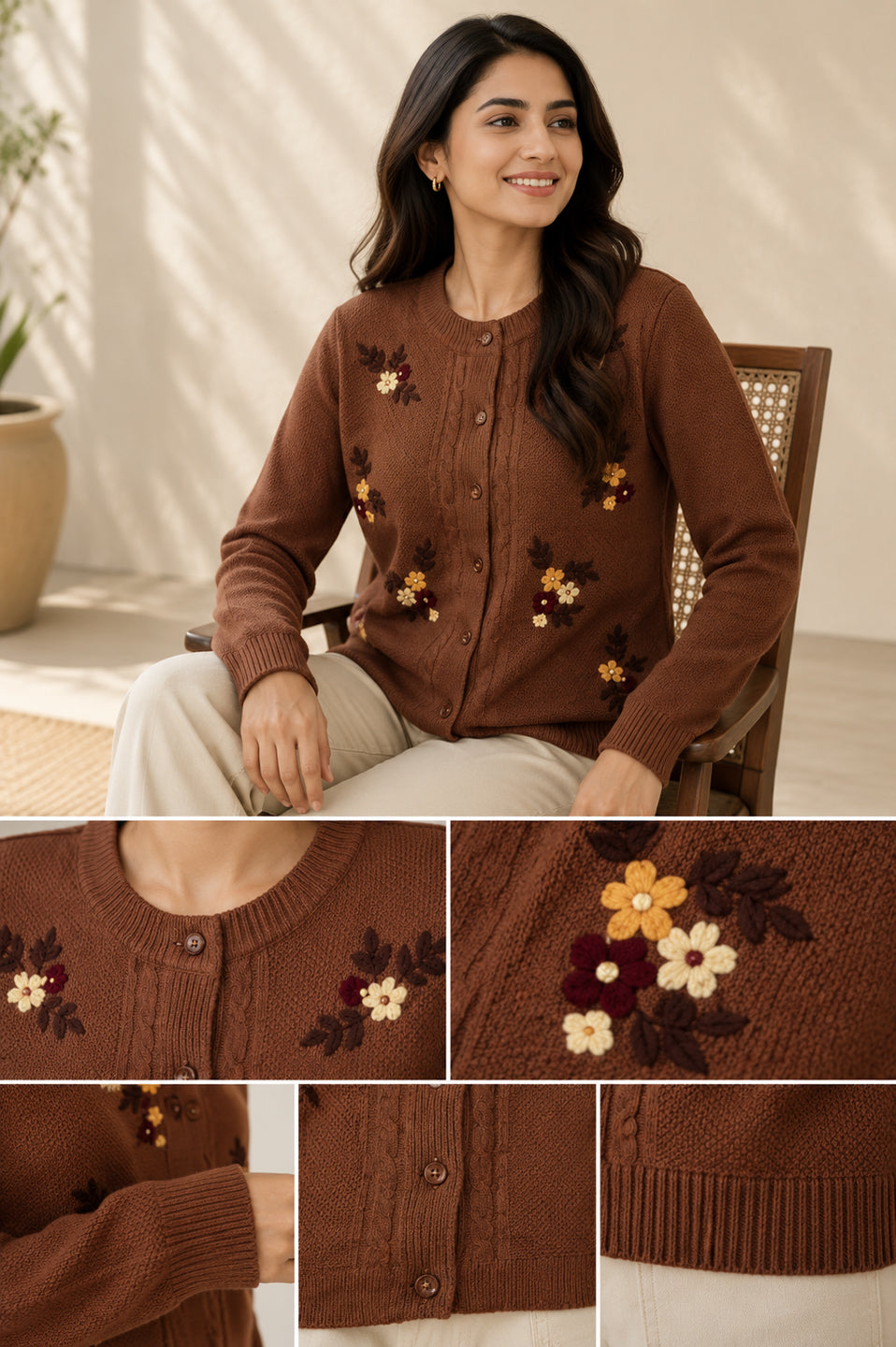 Women'S  Floral Embroidered Knit Cardigan, Round Neck, Button-Front, Long Sleeve Sweater Brown
