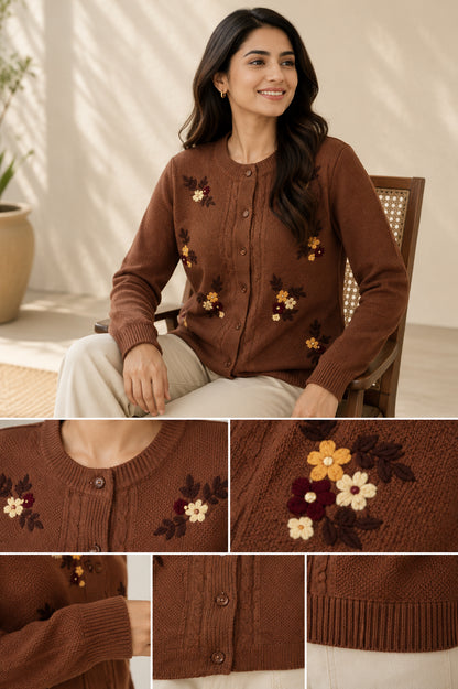 Women'S  Floral Embroidered Knit Cardigan, Round Neck, Button-Front, Long Sleeve Sweater Brown