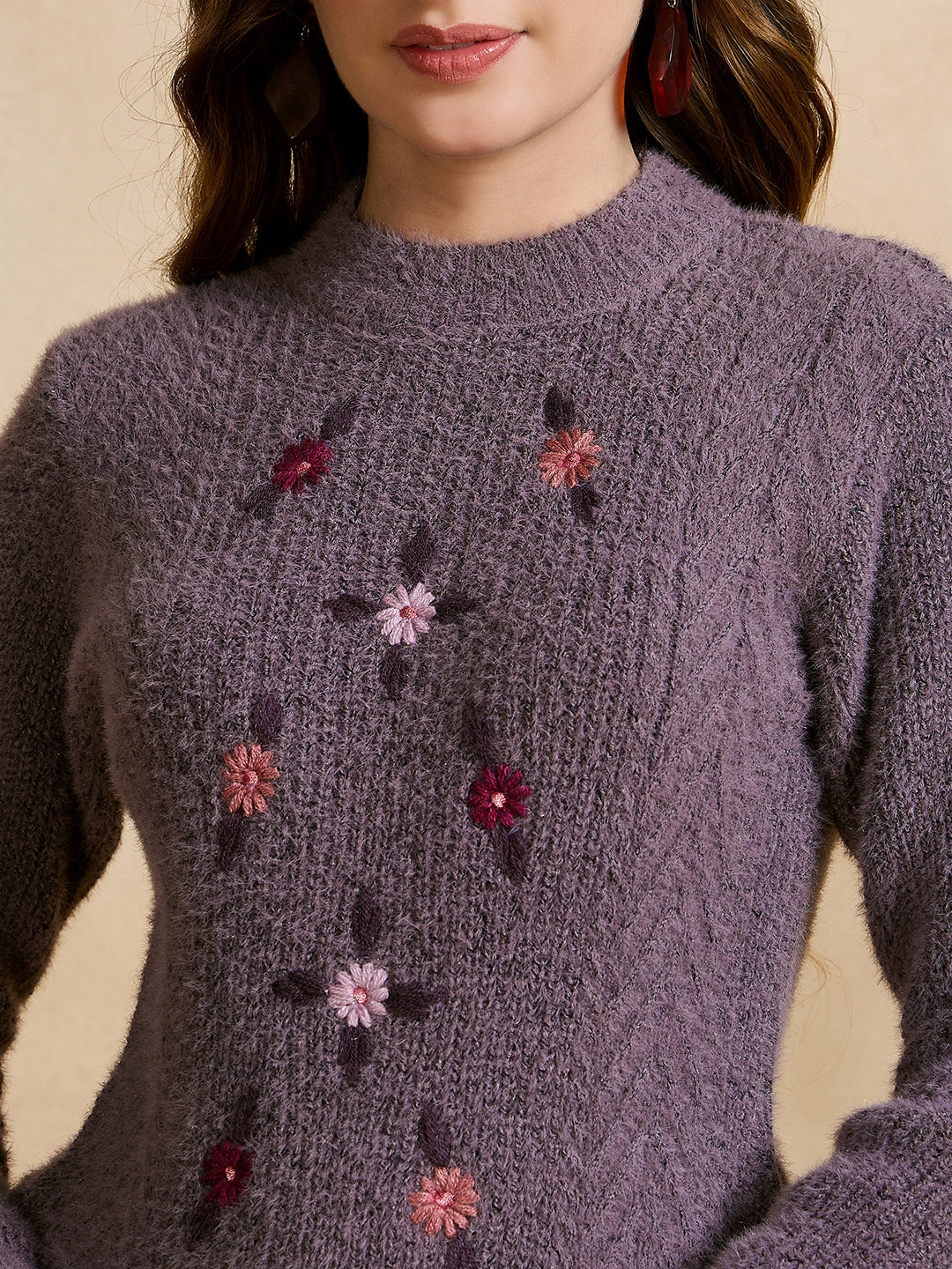 Women Self Design Round Neck Sweater Purple