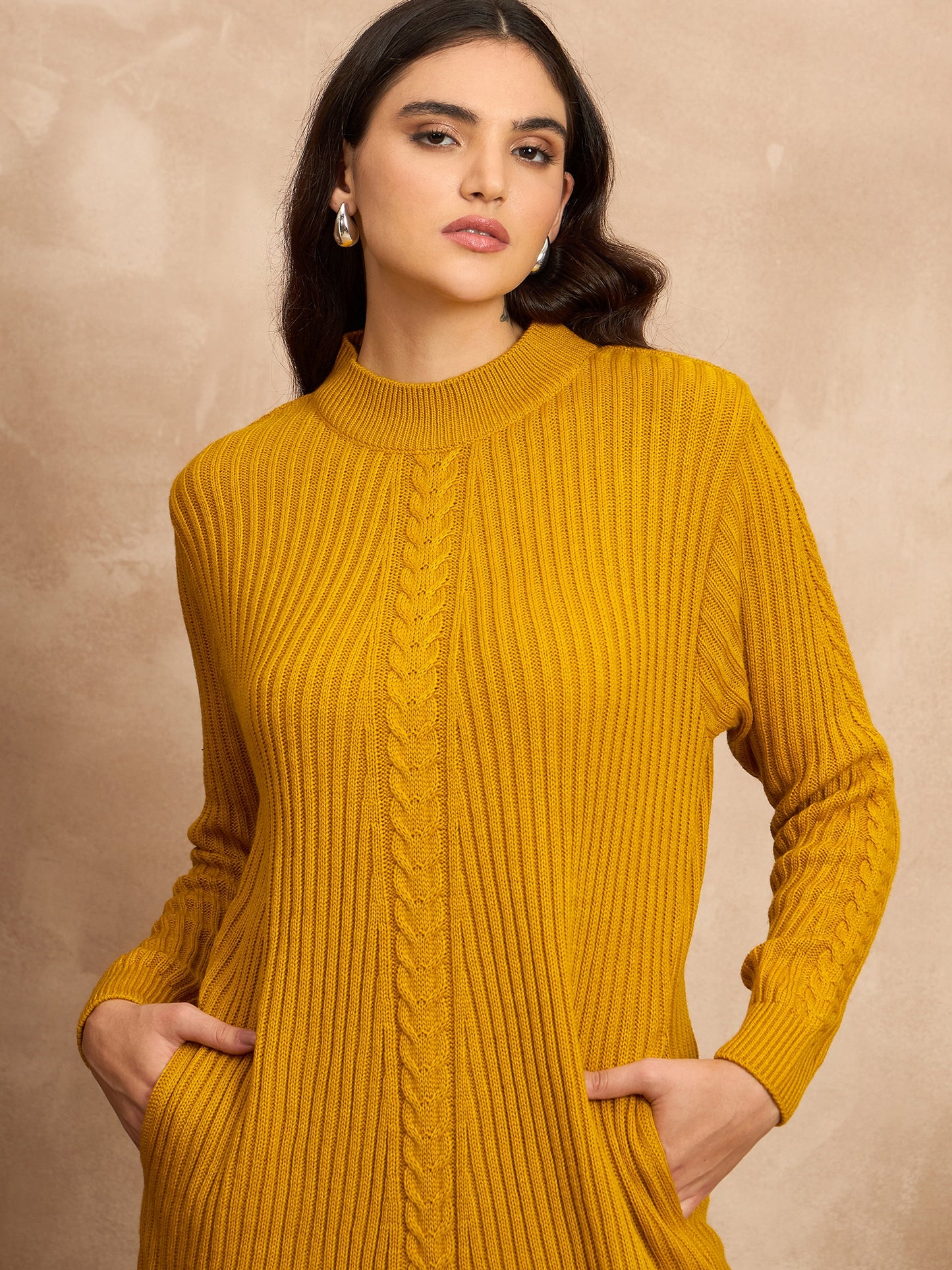 CLAPTON Women’s Wool Blend Ribbed Knit Tunic Sweater with Mock Neck & Full Sleeves Gold