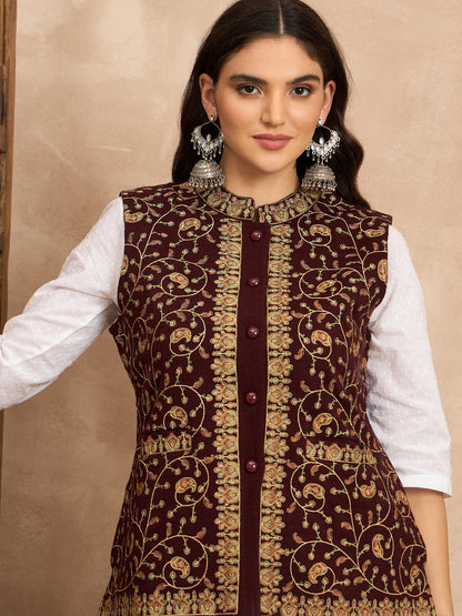 CLAPTON EMBROIDERY SLEEVELESS WINE BLAZER FOR WOMEN