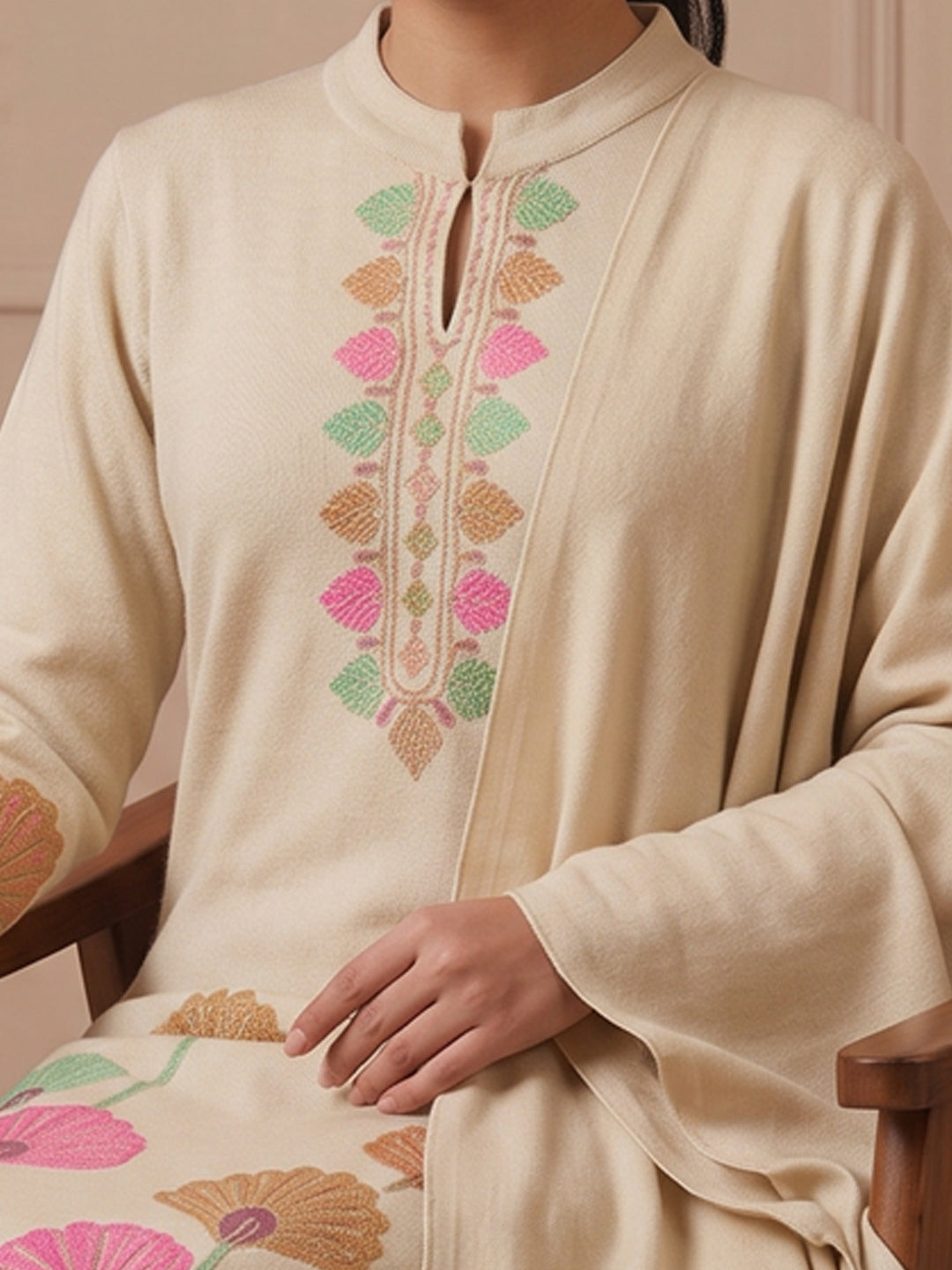 Woolen Embroidered  winter wear Kurti & Pant and Dupatta Set Beige