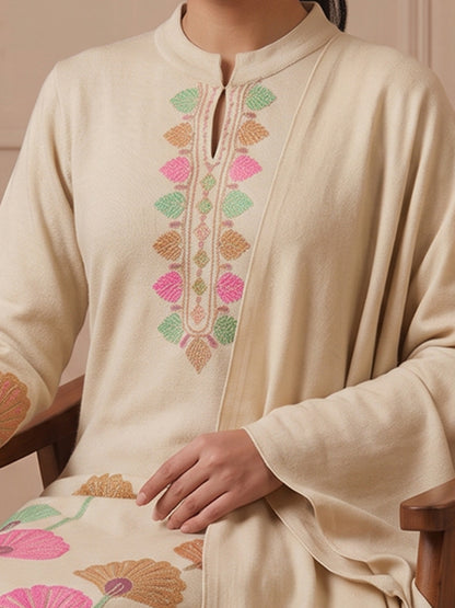 Woolen Embroidered  winter wear Kurti & Pant and Dupatta Set Beige