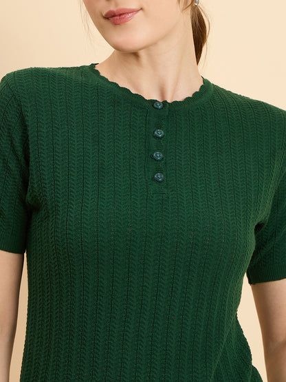 Clapton Women Knitted  Round Neck  T-shirt Green