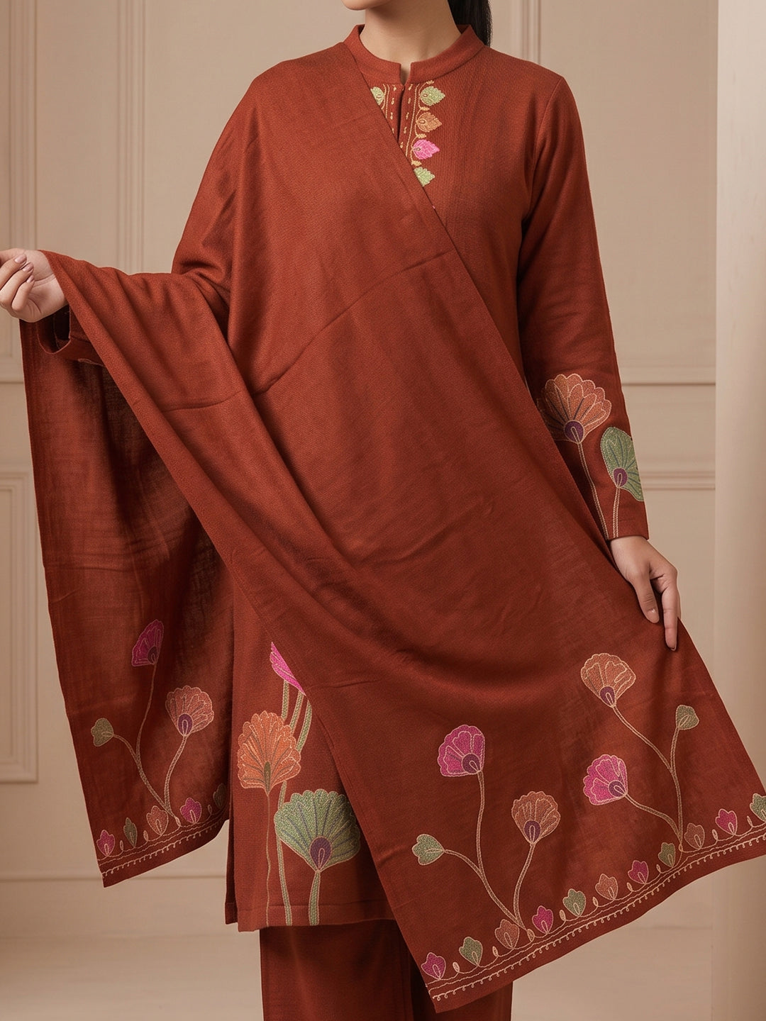 Woolen Embroidered  winter wear Kurti & Pant and Dupatta Set RUST