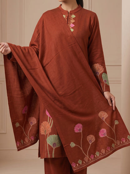 Woolen Embroidered  winter wear Kurti & Pant and Dupatta Set RUST