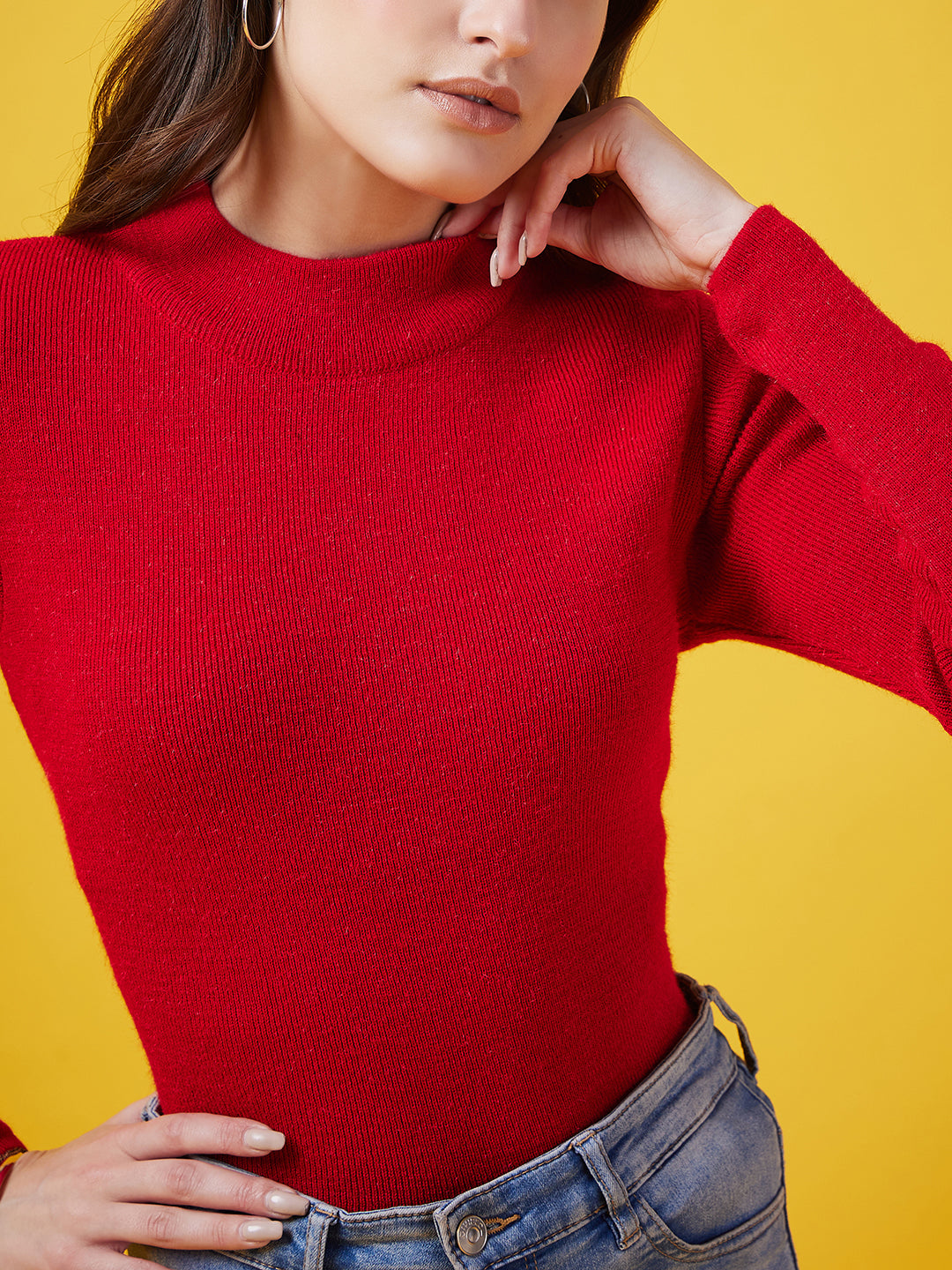 Wool Blend Crew Neck Full Sleeve Red Top