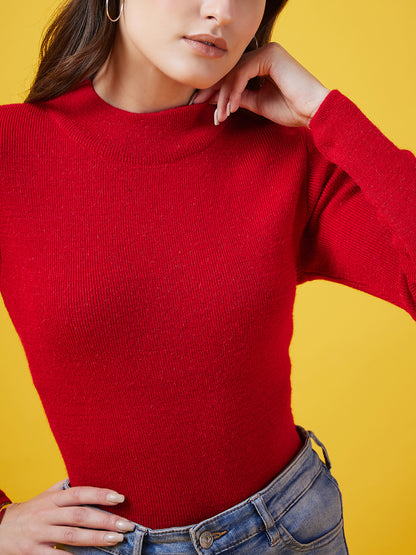Wool Blend Crew Neck Full Sleeve Red Top