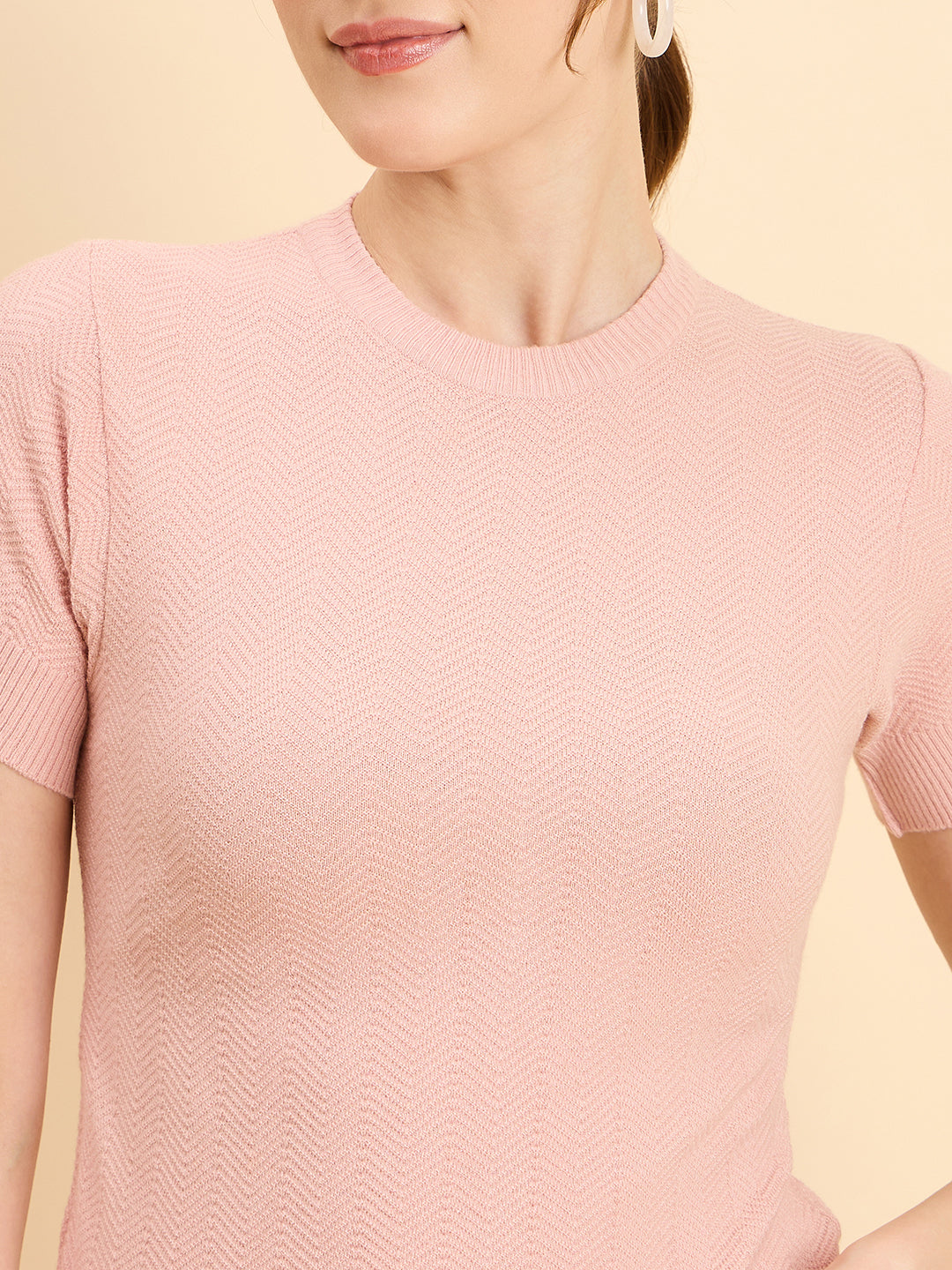Clapton Women Knitted  Round Neck  T-shirt Pink