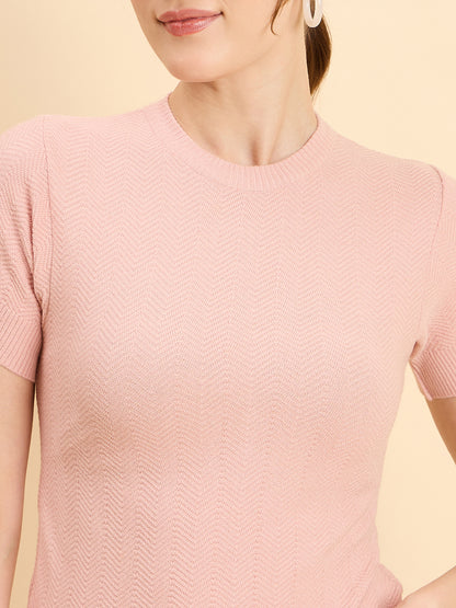 Clapton Women Knitted  Round Neck  T-shirt Pink