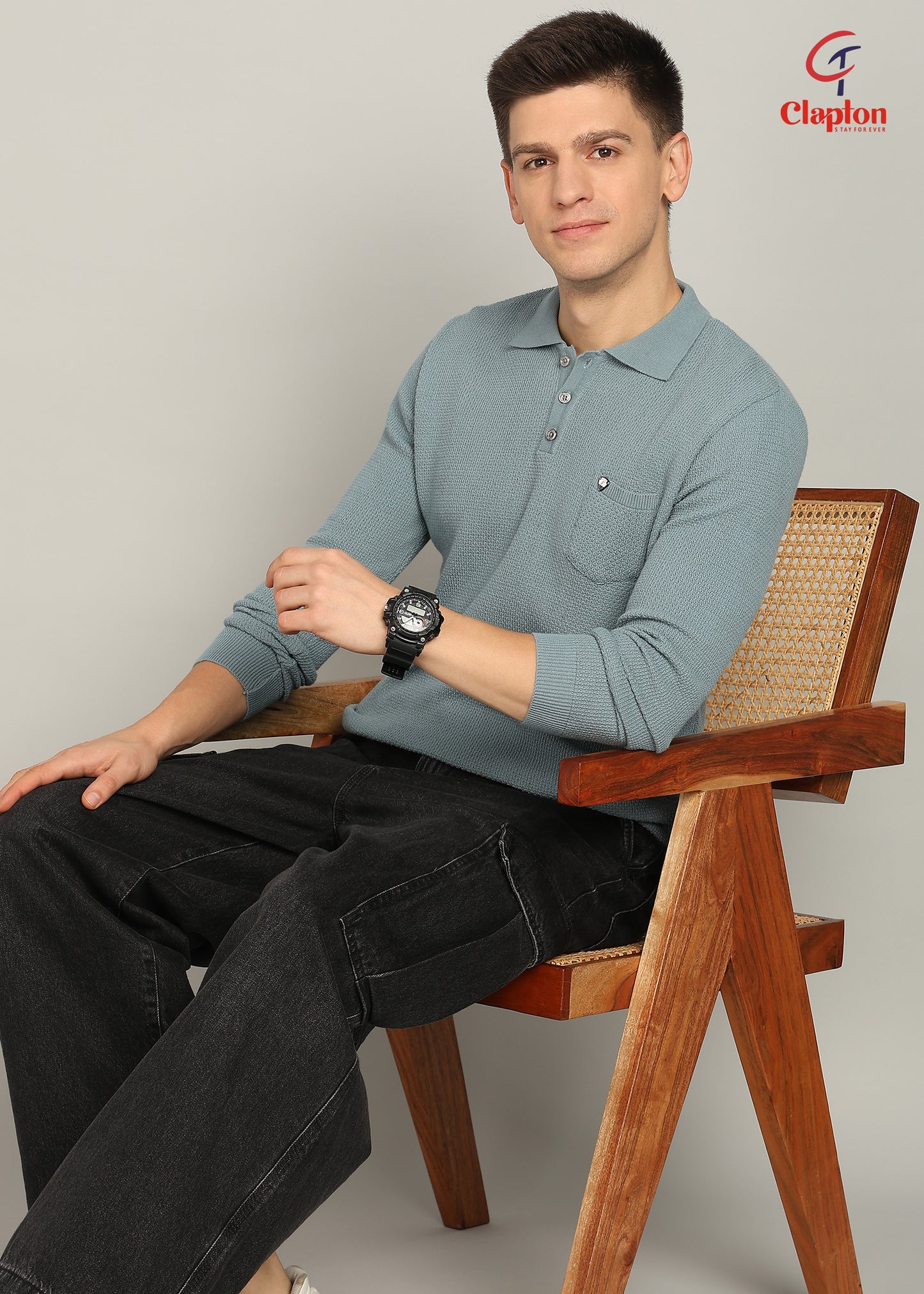 Clapton Men Knitted  Cotton Summer Wear Round Neck Full Sleeve T-Shirt SKY Blue
