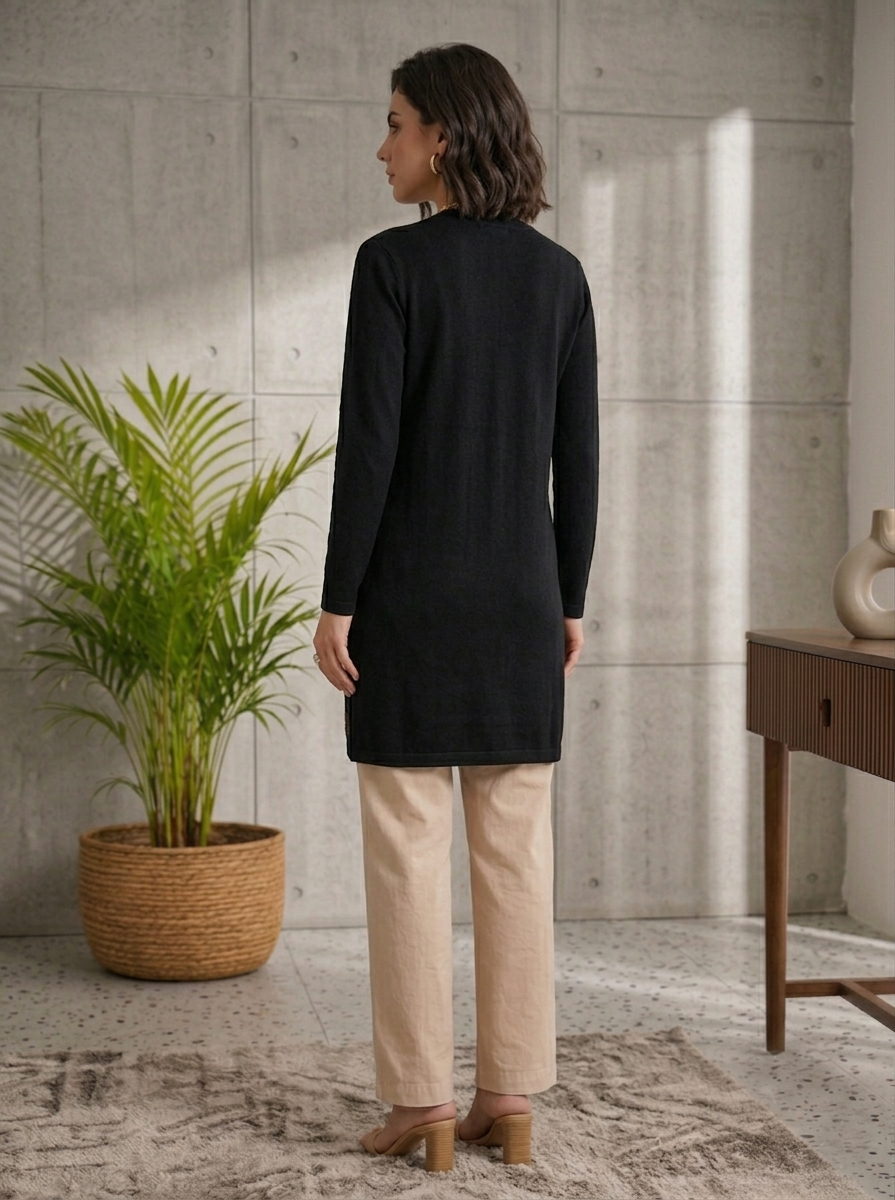 Women's Black Floral Embroidered Long Cardigan, Button-Front, Round Neck, Full Sleeves
