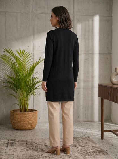 Women's Black Floral Embroidered Long Cardigan, Button-Front, Round Neck, Full Sleeves