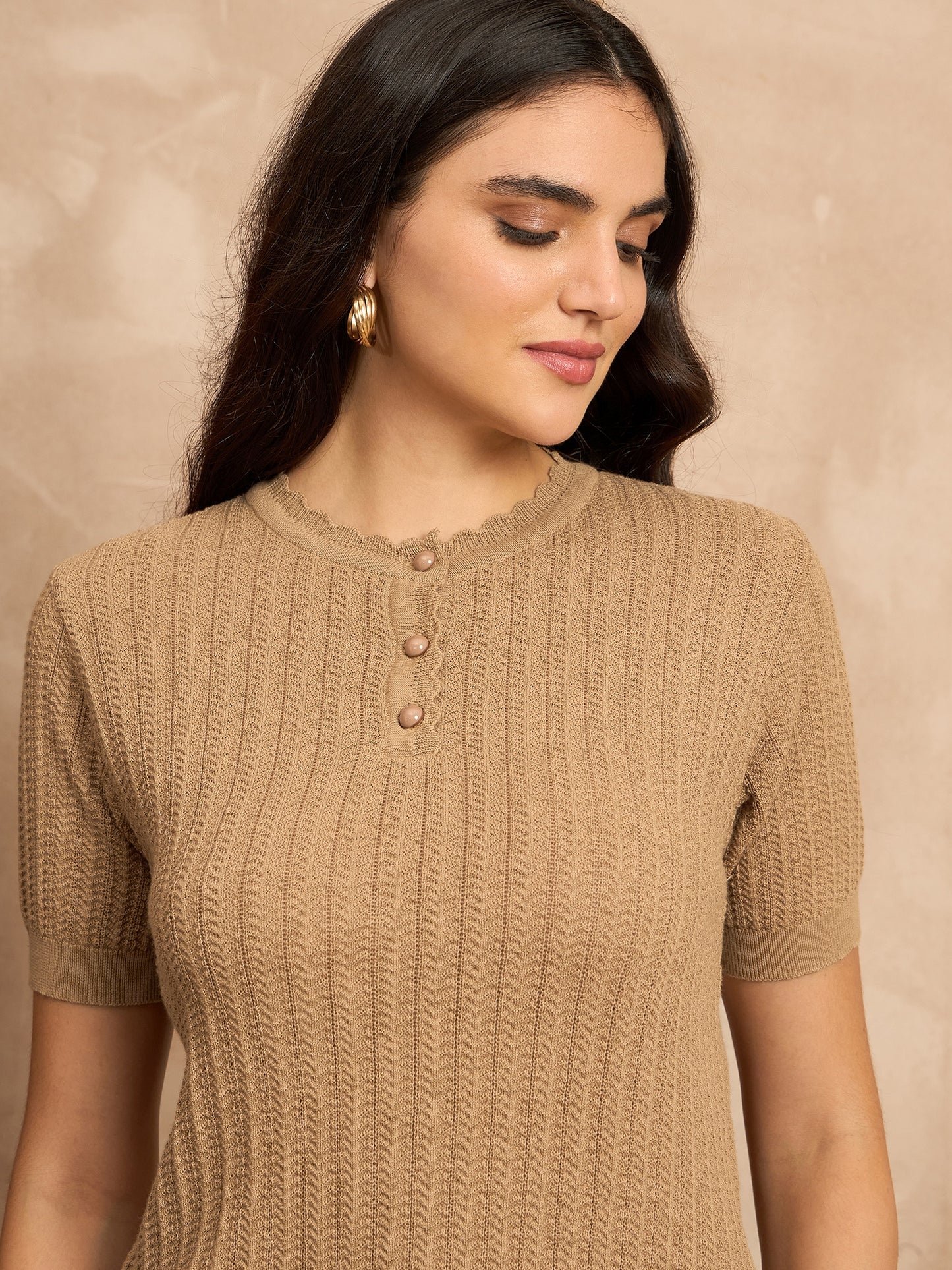 Clapton Women Knitted  Round Neck  T-shirt BEIGE -3105
