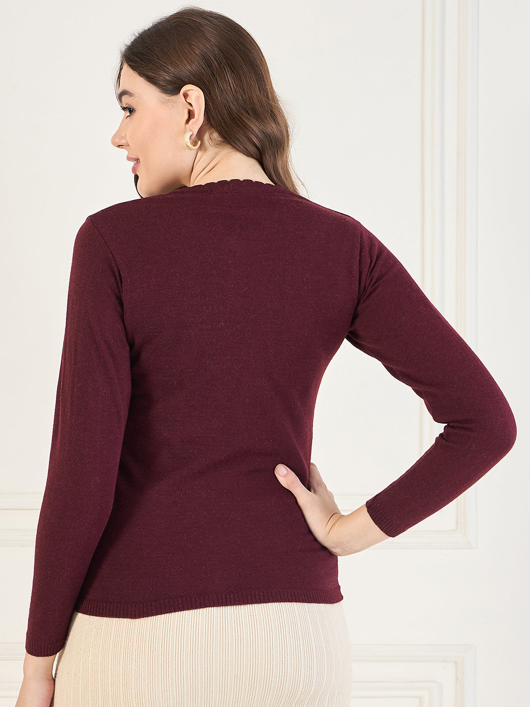 Embroidered Long Sleeves Pure Wool  Cardigan Sweater Maroon