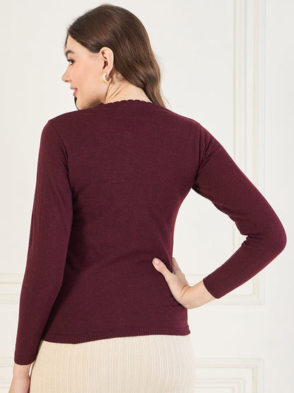 Embroidered Long Sleeves Pure Wool  Cardigan Sweater Maroon