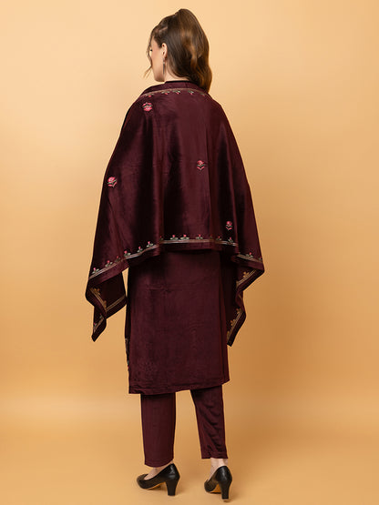 Velvet Embroidered Winter Wear Embroidered Straight Kurta Pant With Dupatta Set Maroon