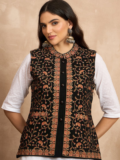 CLAPTON EMBROIDERY SLEEVELESS BLACK BLAZER FOR WOMEN