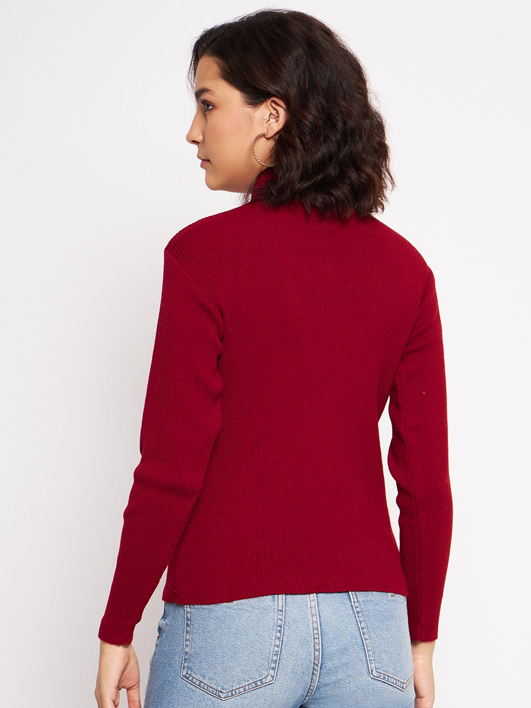 Wool Blend High Neck Mehroon Top With Embroidery