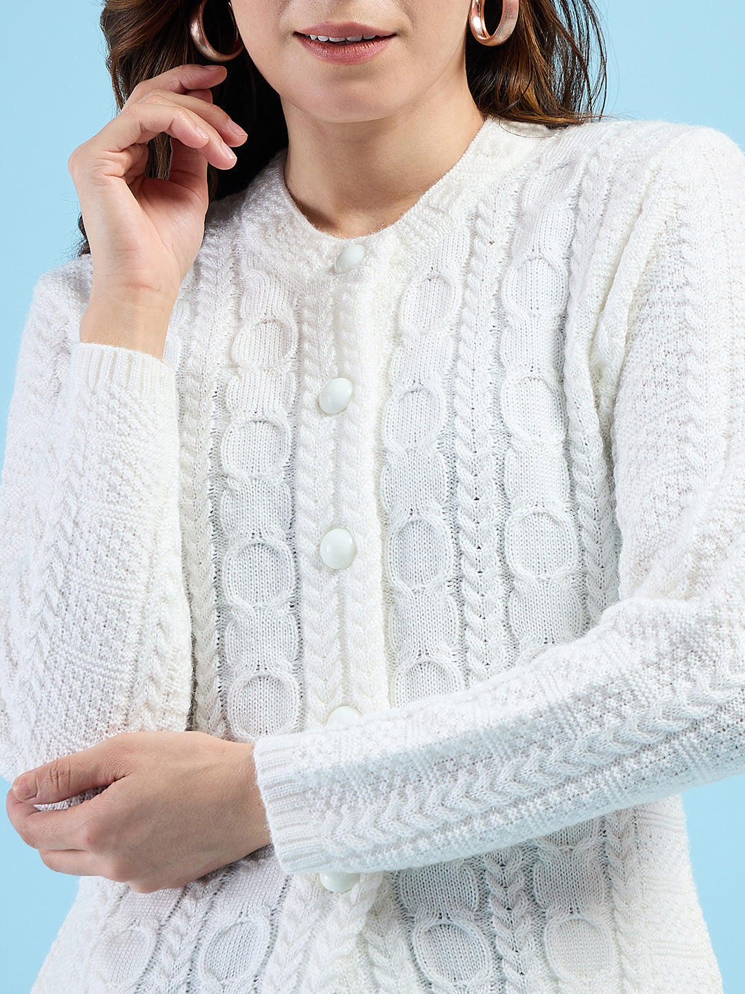 Clapton Cable Knit  Design Woolen  Longline Cardigan Sweater for women and Girls White