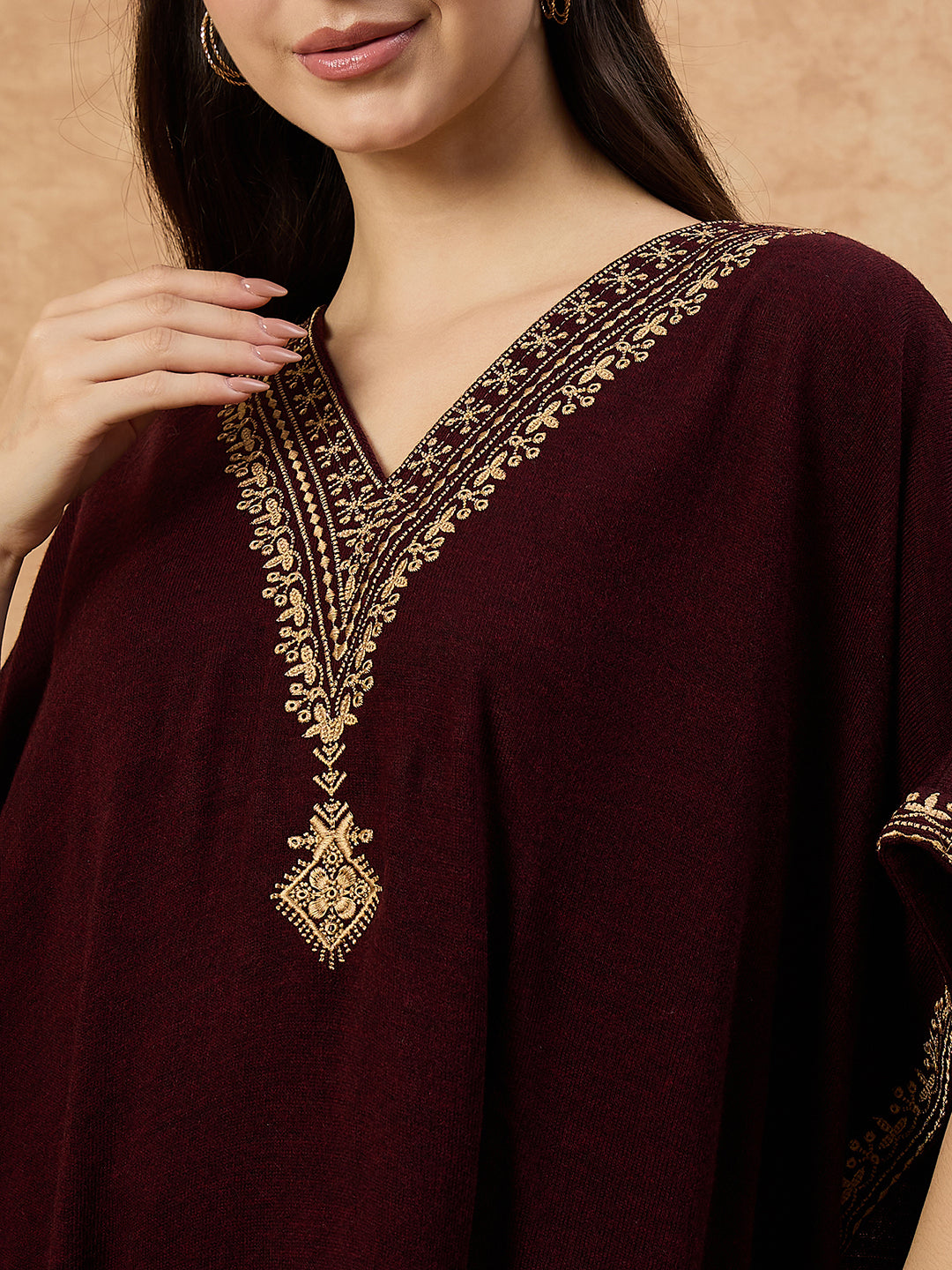 Clapton Women’s Wool Kaftan Kurti –  Mahrroon, Golden Embroidery -6201