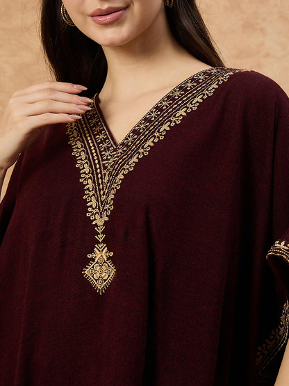 Clapton Women’s Wool Kaftan Kurti –  Mahrroon, Golden Embroidery -6201