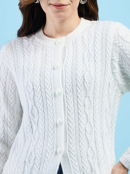 Clapton Cable Knit  Design Woolen  Longline Cardigan Sweater for women and Girls White