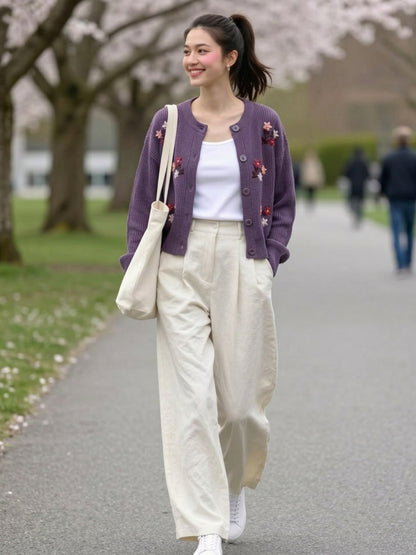 Women'S Black Knit Cardigan With Floral Embroidery, Button-Front, Round Neck, Full Sleeves Purple