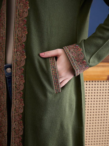 clapton MEHNDI Pure Wool Long Jacket from Kashmir with Paisley Aari Embroidery on Border (Copy)