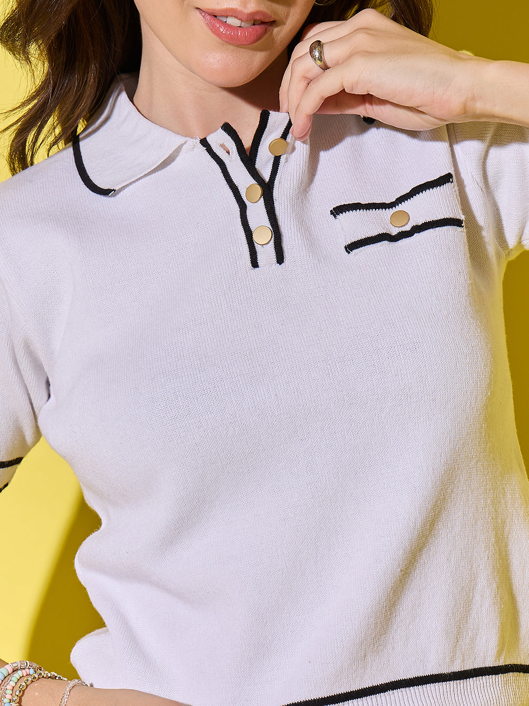 Women Striped Polo Neck With Pocket Pure Cotton T-Shirt White