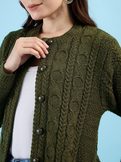 Clapton Cable Knit  Design Woolen  Longline Cardigan Sweater for women and Girls Green