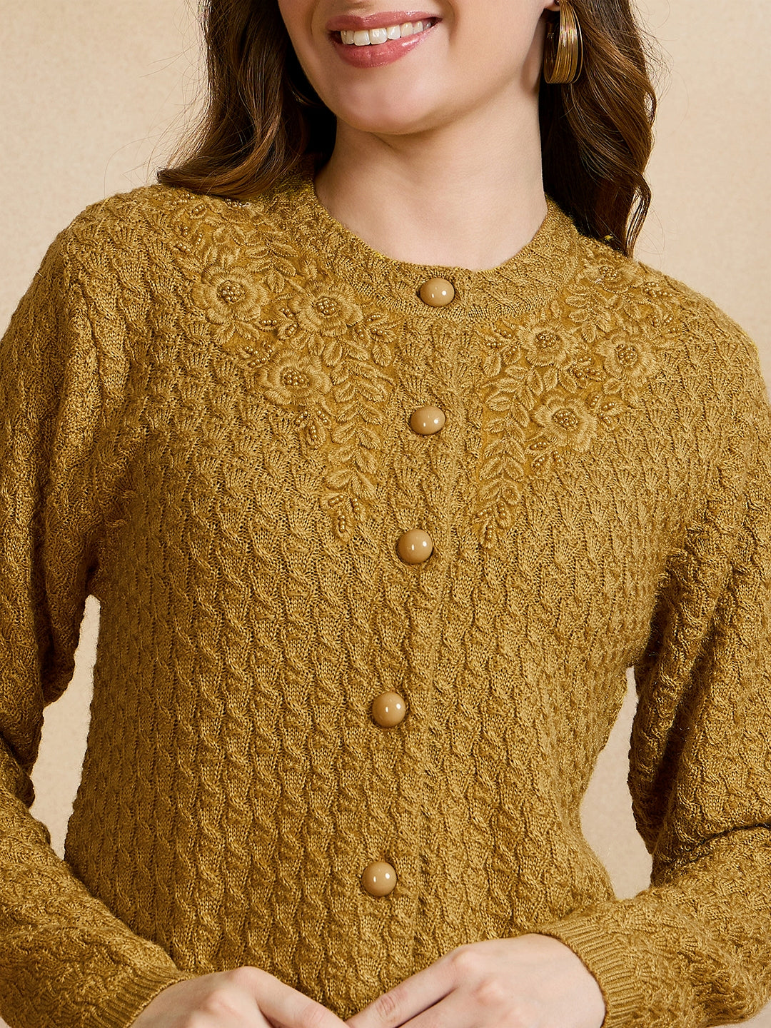 Clapton Floral Embroidered Knit  Design Pure Wool Cardigan Gold