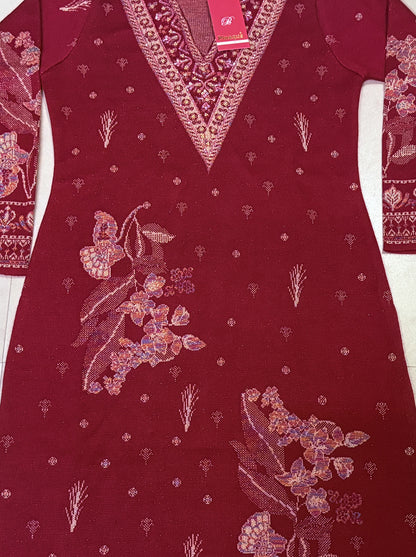 Embroidered wool blends for winter wear Straight-fit kurta with trousers and a dupatta (shawl) Red