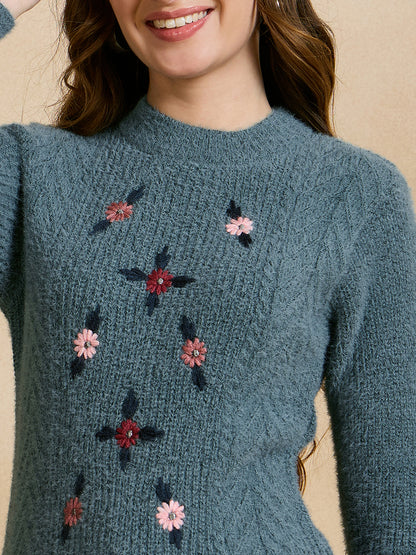 Women Self Design Round Neck Sweater Green