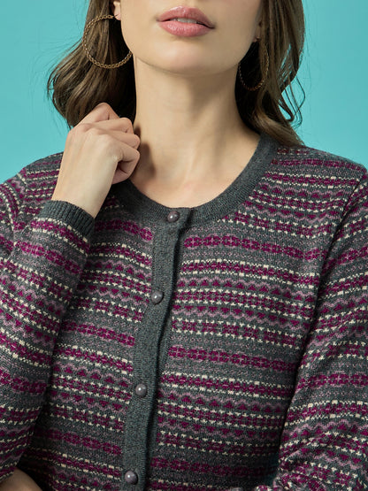 Women Md-Grey Self Striped Round Neck Cardigan