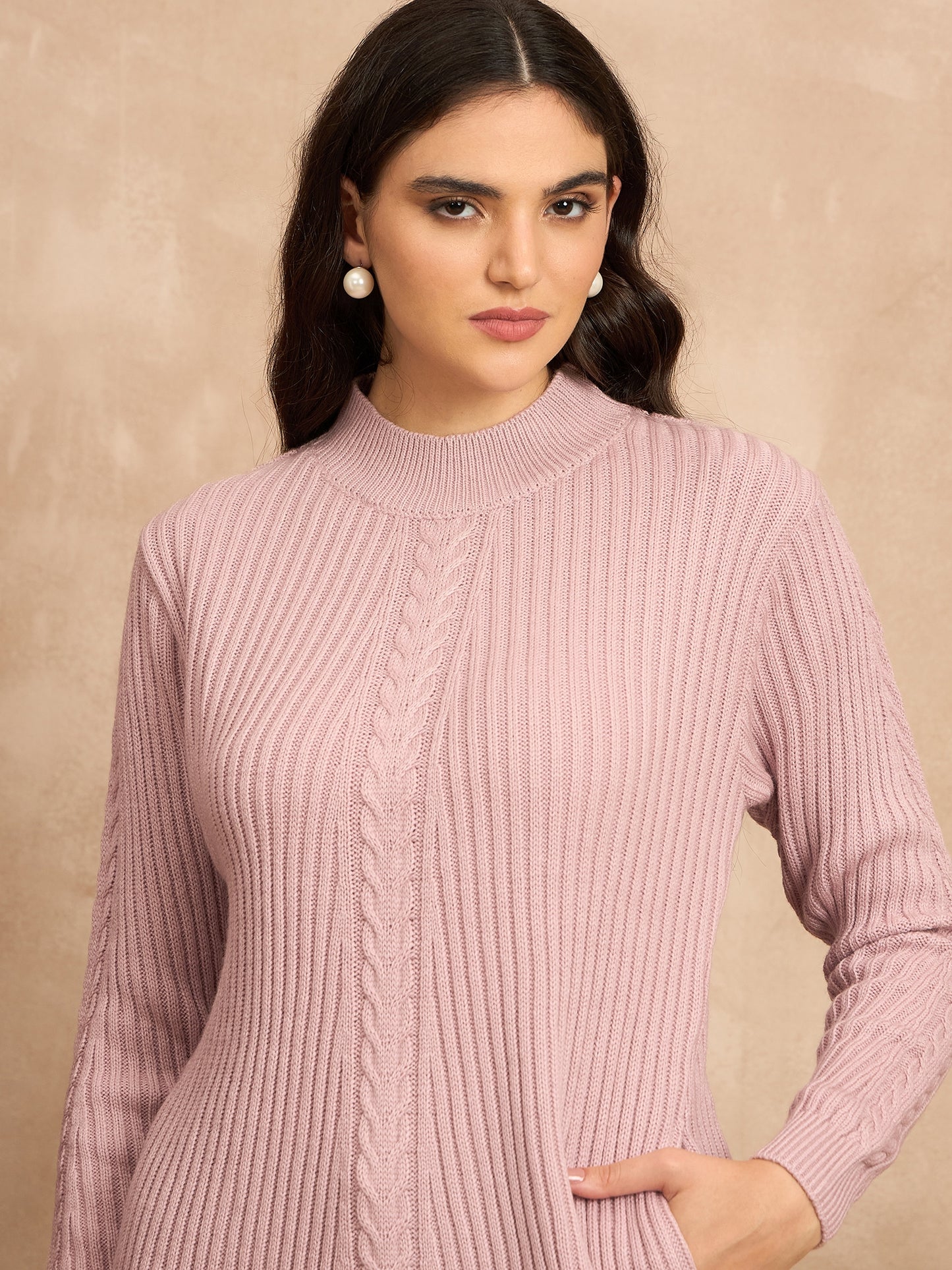 CLAPTON Women’s Wool Blend Ribbed Knit Tunic Sweater with Mock Neck & Full Sleeves Light pink