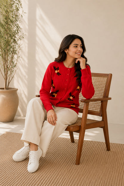 Women'S  Floral Embroidered Knit Cardigan, Round Neck, Button-Front, Long Sleeve Sweater Orange
