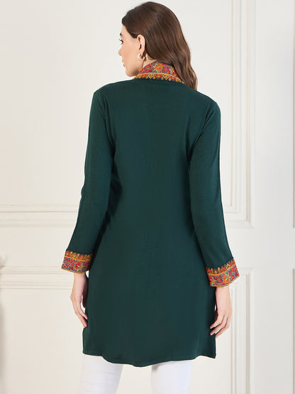 Women's Green Embroidered Sleeves, Floral Pattern, Winter Wear, Open Neck Shrug