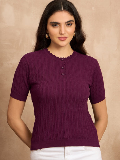 Clapton Women Knitted  Round Neck  T-shirt Purple -3105