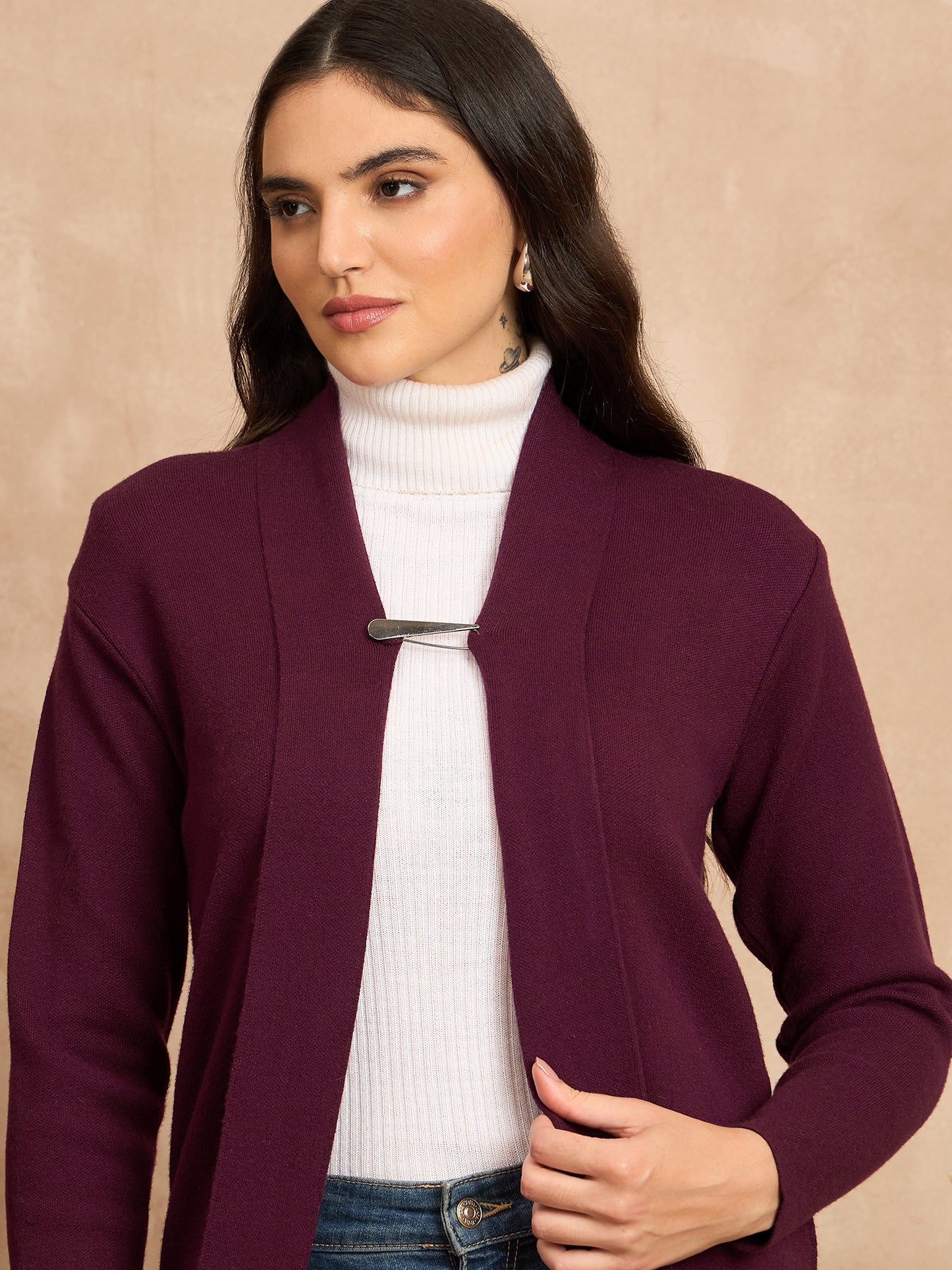 Women Knitted Long Shrug Purple