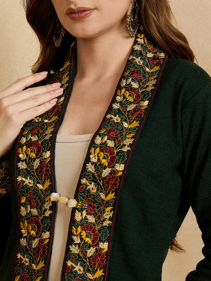 Women's Green Embroidered Sleeves, Floral Pattern, Winter Wear, Open Neck Shrug