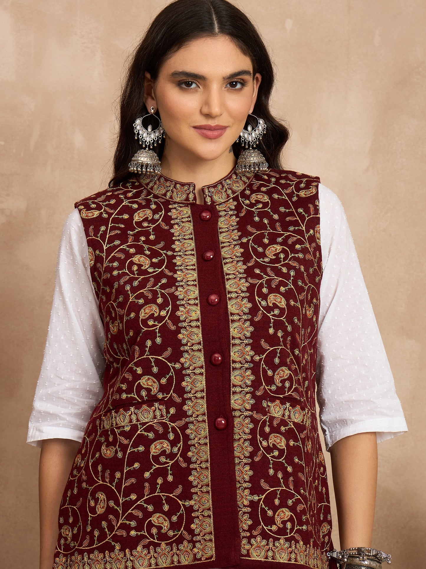 CLAPTON EMBROIDERY SLEEVELESS MEHROON BLAZER FOR WOMEN