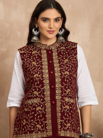 CLAPTON EMBROIDERY SLEEVELESS MEHROON BLAZER FOR WOMEN