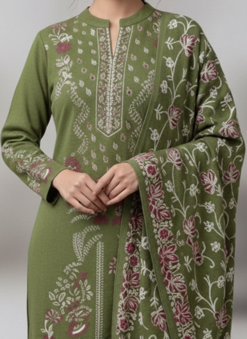 Clapton Embroidered  wool blends for winter wear Straight-fit kurta with trousers and a dupatta (shawl) Green