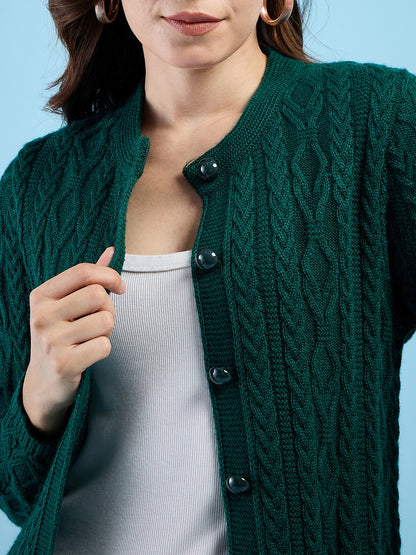 Clapton Cable Knit  Design Woolen  Longline Cardigan Sweater for women and Girls Green