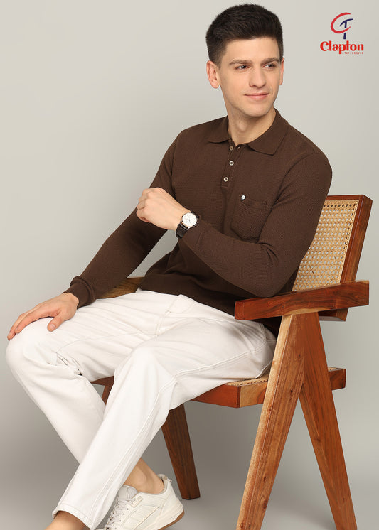 Clapton Men Knitted  Cotton Summer Wear Round Neck Half Sleeve T-Shirt Coffee Brown